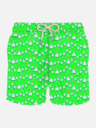 Mc2 Saint Barth Man Light Fabric Swim Shorts With Tequila Print In Fluo