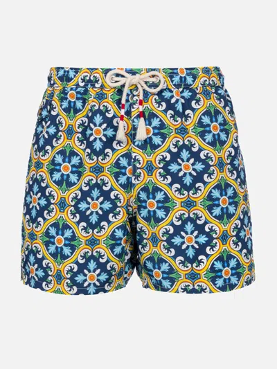 Mc2 Saint Barth Man Lightweight Fabric Swim-shorts Lighting 70 With Majolica Print In Blue