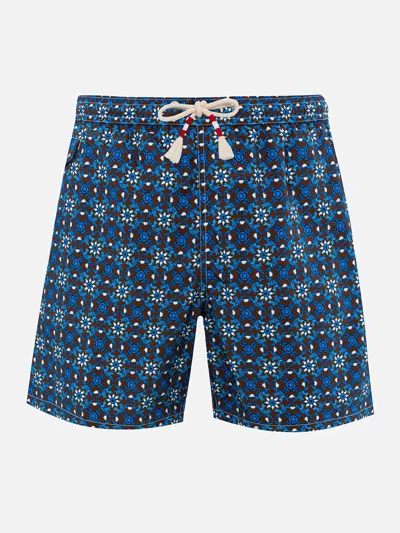 Mc2 Saint Barth Man Lightweight Fabric Swim-shorts Lighting 70 With Majolica Print In Brown