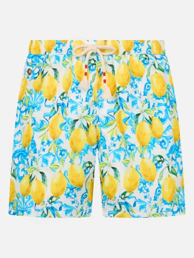 Mc2 Saint Barth Man Lightweight Fabric Swim-shorts Lighting 70 With Majolica Print In White