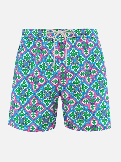 Mc2 Saint Barth Man Lightweight Fabric Swim-shorts Lighting 70 With Majolica Print In White