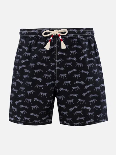 Mc2 Saint Barth Man Lightweight Fabric Swim-shorts Lighting 70 With Micro Cheeta Print In Black