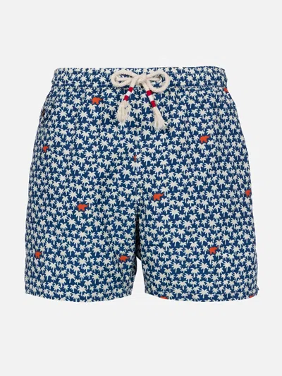 Mc2 Saint Barth Man Lightweight Fabric Swim-shorts Lighting 70 With Palm Print In Blue