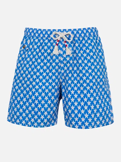 Mc2 Saint Barth Man Lightweight Fabric Swim-shorts Lighting 70 With Seastars Print In Sky