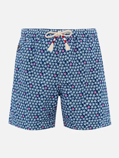 Mc2 Saint Barth Man Lightweight Fabric Swim-shorts Lighting 70 With Starfishes Print In Blue