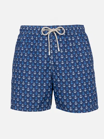 Mc2 Saint Barth Man Lightweight Fabric Swim-shorts Lighting Micro Fantasy With Anchor Print In Blue