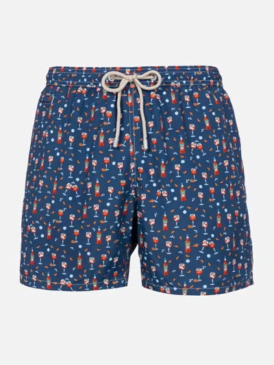 Mc2 Saint Barth Man Lightweight Fabric Swim-shorts Lighting Micro Fantasy With Aperol Spritz Print Aperol Special Ed In Blue