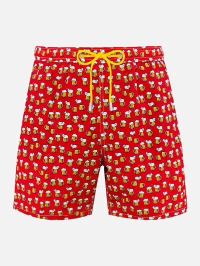 Mc2 Saint Barth Man Lightweight Fabric Swim-shorts Lighting Micro Fantasy With Beer Print In Red