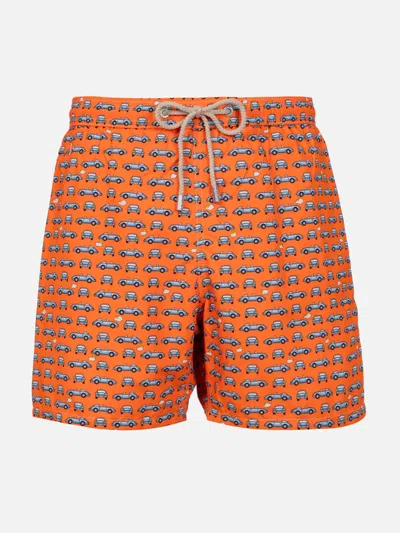 Mc2 Saint Barth Man Lightweight Fabric Swim-shorts Lighting Micro Fantasy With Cars Print In Fluo
