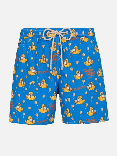Mc2 Saint Barth Man Lightweight Fabric Swim-shorts Lighting Micro Fantasy With Ducky Cryptopuppets Print Cryptopuppe In Blue