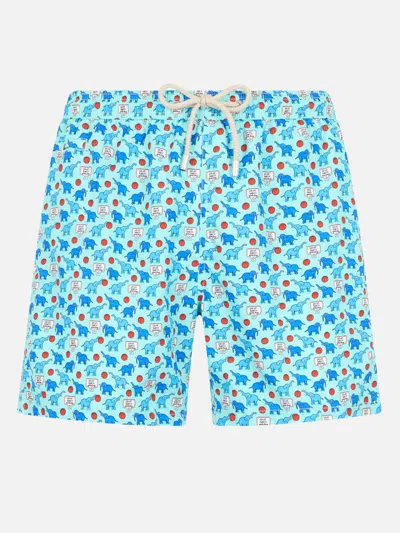 Mc2 Saint Barth Man Lightweight Fabric Swim-shorts Lighting Micro Fantasy With Elephant Print In Green