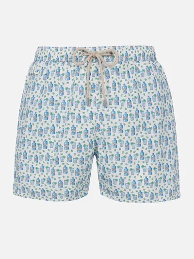 Mc2 Saint Barth Man Lightweight Fabric Swim-shorts Lighting Micro Fantasy With Gin Tonic Print In White