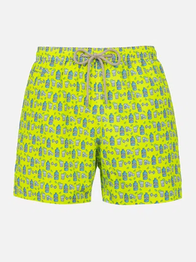 Mc2 Saint Barth Man Lightweight Fabric Swim-shorts Lighting Micro Fantasy With Gym And Gin Print In Yellow