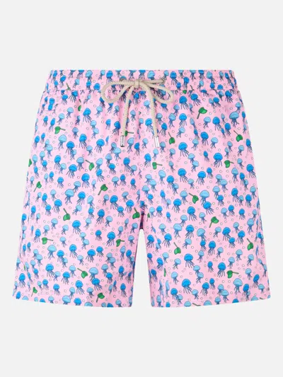 Mc2 Saint Barth Man Lightweight Fabric Swim-shorts Lighting Micro Fantasy With Jellyfishes Print In Pink