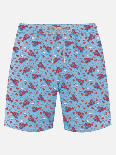Mc2 Saint Barth Man Lightweight Fabric Swim-shorts Lighting Micro Fantasy With Lobster Print In Sky