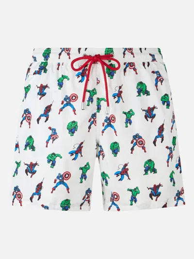 Mc2 Saint Barth Man Lightweight Fabric Swim-shorts Lighting Micro Fantasy With Marvel Super Heroes Print Marvel Spec In White