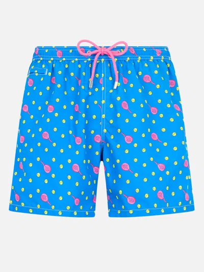 Mc2 Saint Barth Man Lightweight Fabric Swim-shorts Lighting Micro Fantasy With Padel Print In Sky