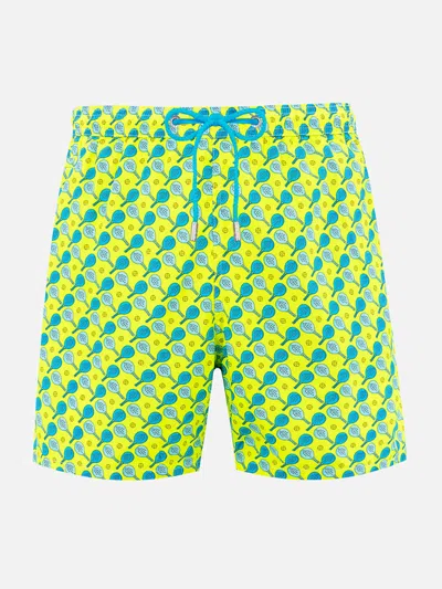 Mc2 Saint Barth Man Lightweight Fabric Swim-shorts Lighting Micro Fantasy With Padel Print In Yellow