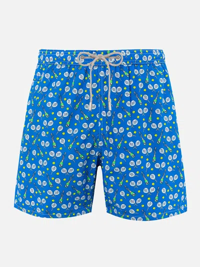 Mc2 Saint Barth Man Lightweight Fabric Swim-shorts Lighting Micro Fantasy With Padel Winner Print In Blue