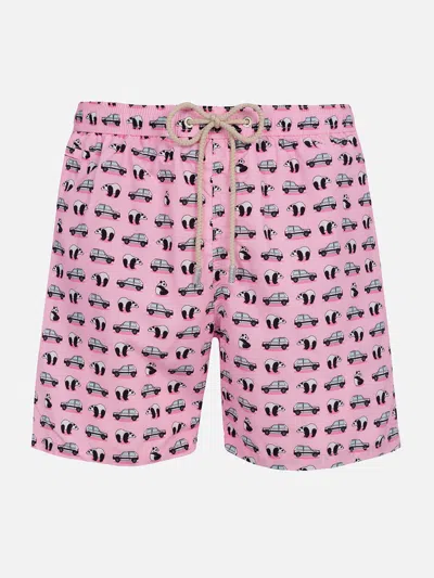 Mc2 Saint Barth Man Lightweight Fabric Swim-shorts Lighting Micro Fantasy With Panda And Panda Print Panda Special E In Pink