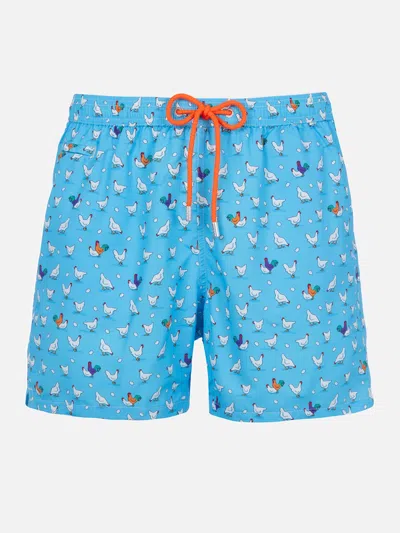 Mc2 Saint Barth Man Lightweight Fabric Swim-shorts Lighting Micro Fantasy With Rooster Print In Sky