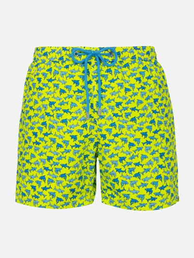 Mc2 Saint Barth Man Lightweight Fabric Swim-shorts Lighting Micro Fantasy With Sharks Print In Yellow