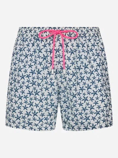 Mc2 Saint Barth Man Lightweight Fabric Swim-shorts Lighting Micro Fantasy With Starfishes Print In White