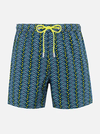 Mc2 Saint Barth Man Lightweight Fabric Swim-shorts Lighting Micro Fantasy With Tennis Print In Blue