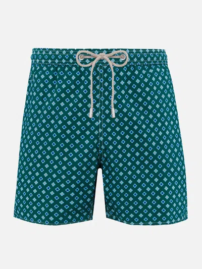 Mc2 Saint Barth Man Lightweight Fabric Swim-shorts Lighting Micro Fantasy With Tie Print In Green