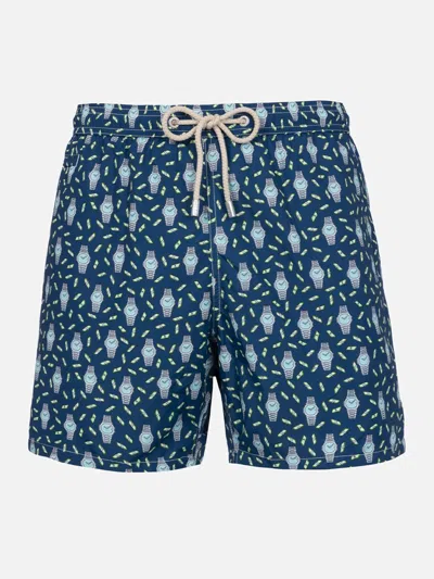 MC2 SAINT BARTH MAN LIGHTWEIGHT FABRIC SWIM-SHORTS LIGHTING MICRO FANTASY WITH WATCHES PRINT