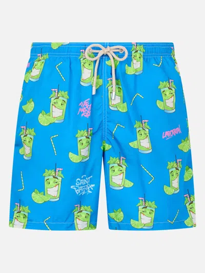 Mc2 Saint Barth Man Lightweight Fabric Swim-shorts Lighting With Cryptopuppets Print Cryptopuppets Special Edition In Blue