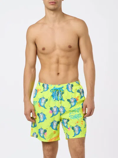 Mc2 Saint Barth Man Lightweight Fabric Swim-shorts Lighting With Cryptopuppets Print Cryptopuppets Special Edition In Fluo