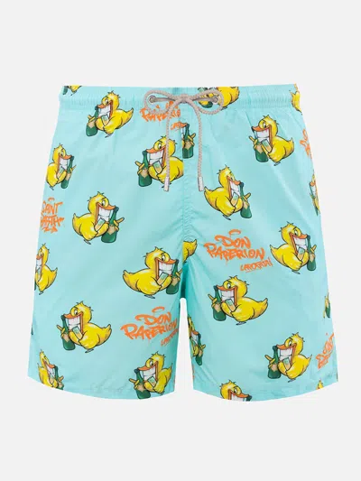 Mc2 Saint Barth Man Lightweight Fabric Swim-shorts Lighting With Cryptopuppets Print Cryptopuppets Special Edition In Green