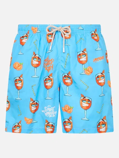Mc2 Saint Barth Man Lightweight Fabric Swim-shorts Lighting With Cryptopuppets Print Cryptopuppets Special Edition In Sky