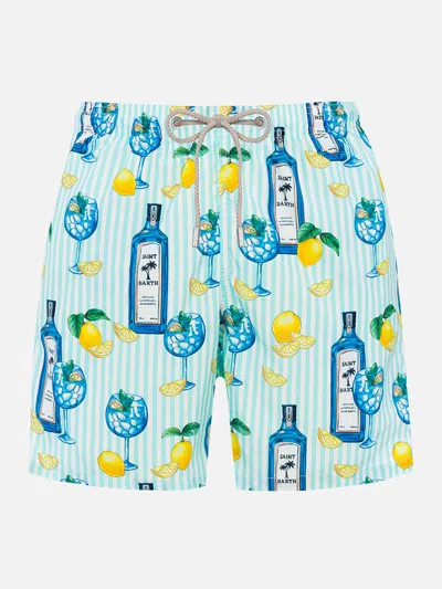 Mc2 Saint Barth Man Lightweight Fabric Swim-shorts Lighting With Gin Tonic Print In Green