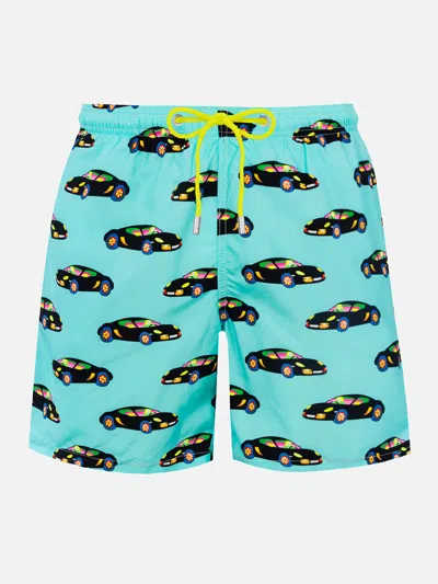 Mc2 Saint Barth Man Lightweight Fabric Swim-shorts Lighting With Lodola Car Print Marco Lodola Special Edition In Green