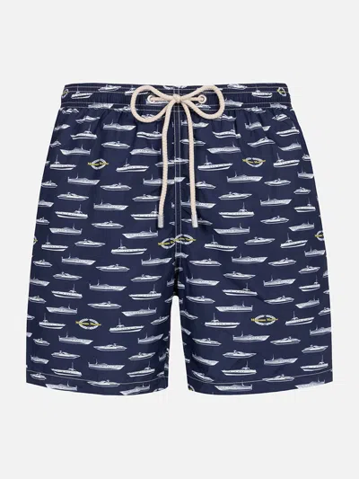 Mc2 Saint Barth Man Lightweight Fabric Swim-shorts Lighting With Magnum Marine Print Magnum Marine Special Edition In Blue