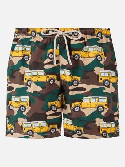 Mc2 Saint Barth Man Lightweight Fabric Swim-shorts Lighting With Off-road Car Print In Green