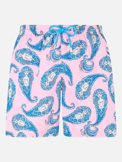 Mc2 Saint Barth Man Lightweight Fabric Swim-shorts Lighting With Paisley Print In Pink