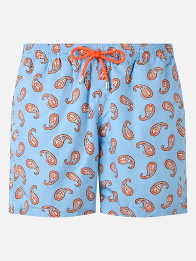 Mc2 Saint Barth Man Lightweight Fabric Swim-shorts Lighting With Paisley Print In Sky