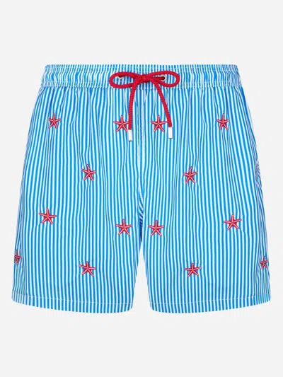 Mc2 Saint Barth Man Lightweight Fabric Swim-shorts Lighting With Seastars Embroidery In Blue