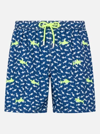 Mc2 Saint Barth Man Lightweight Fabric Swim-shorts Lighting With Sharks Embroidery In Blue