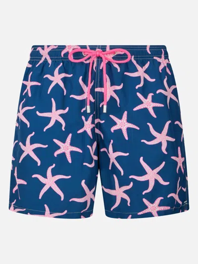 Mc2 Saint Barth Man Lightweight Fabric Swim-shorts Lighting With Starfish Print In Blue