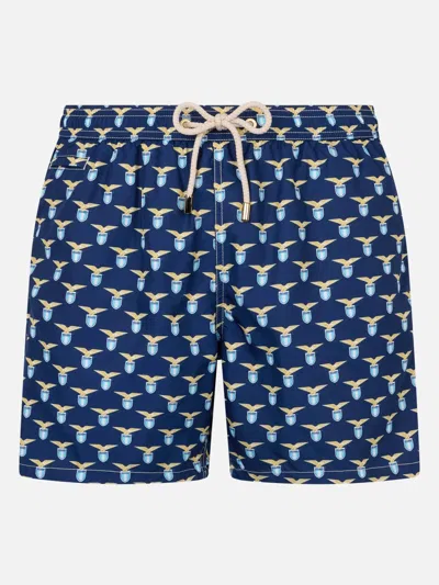 Mc2 Saint Barth Man Lightweight Fabric Swim Shorts With Lazio Logo Print Ss Lazio Special Edition In Blue