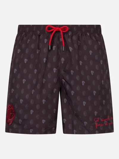 Mc2 Saint Barth Man Lightweight Fabric Swim Shorts With Milan Logo Print And Patch Ac Milan Special Edition In Black