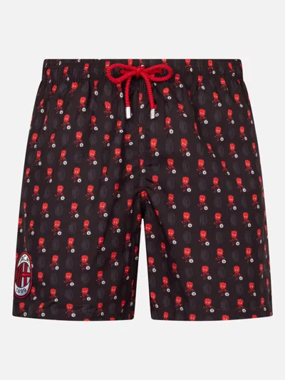 Mc2 Saint Barth Man Lightweight Fabric Swim Shorts With Milan Logo Print And Patch Ac Milan Special Edition In Black