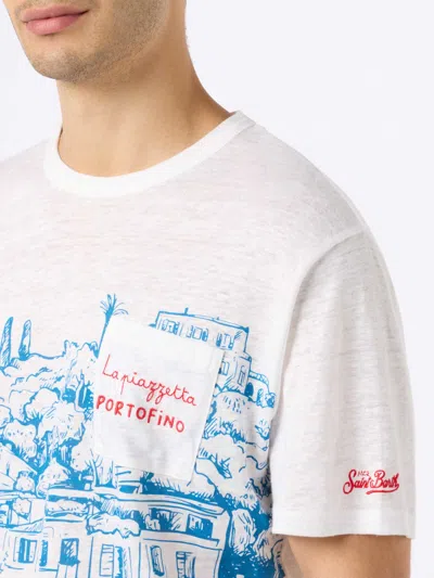 Mc2 Saint Barth Man Linen Jersey T-shirt Ecstasea With Portofino Placed Print And Embroidered Pocket In White