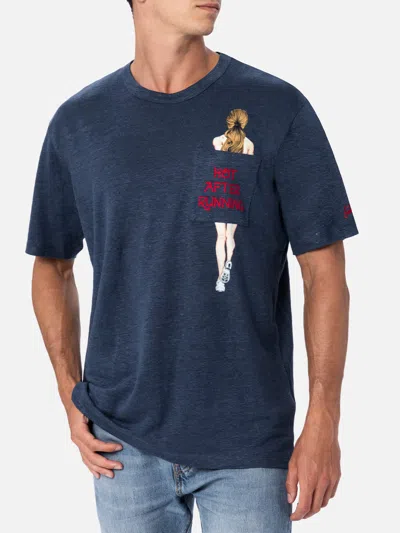 Mc2 Saint Barth Man Linen Jersey T-shirt Ecstasea With Printed And Embroidered Pocket In Blue