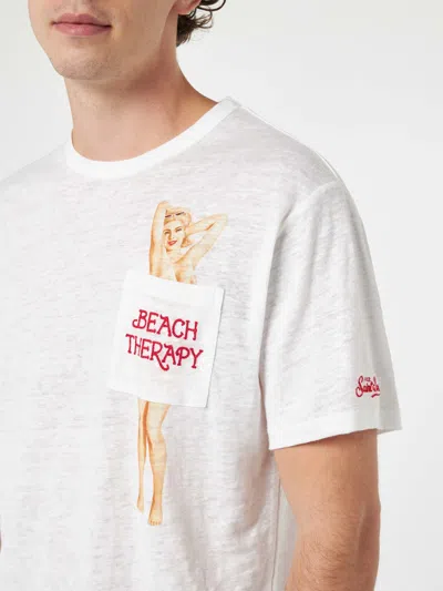 Mc2 Saint Barth Man Linen Jersey T-shirt Ecstasea With Printed And Embroidered Pocket In White