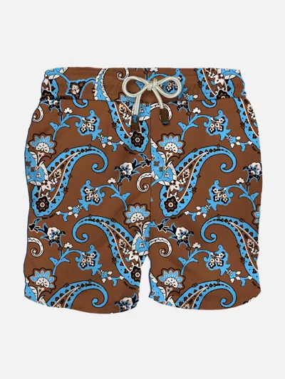 Mc2 Saint Barth Brown Man Swim Short With Light Blue Paisley Print